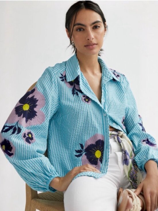 MAEVE Tops - ANTHROPOLOGIE MAEVE PANSY EMBROIDERED STRIPE SHIRT